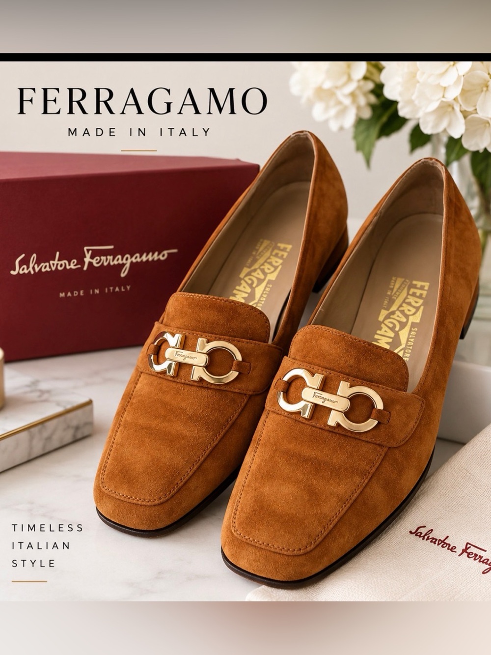 Salvatore Ferragamo Gancini Suede Loafers Brown Gold 8.5 B Made in Italy